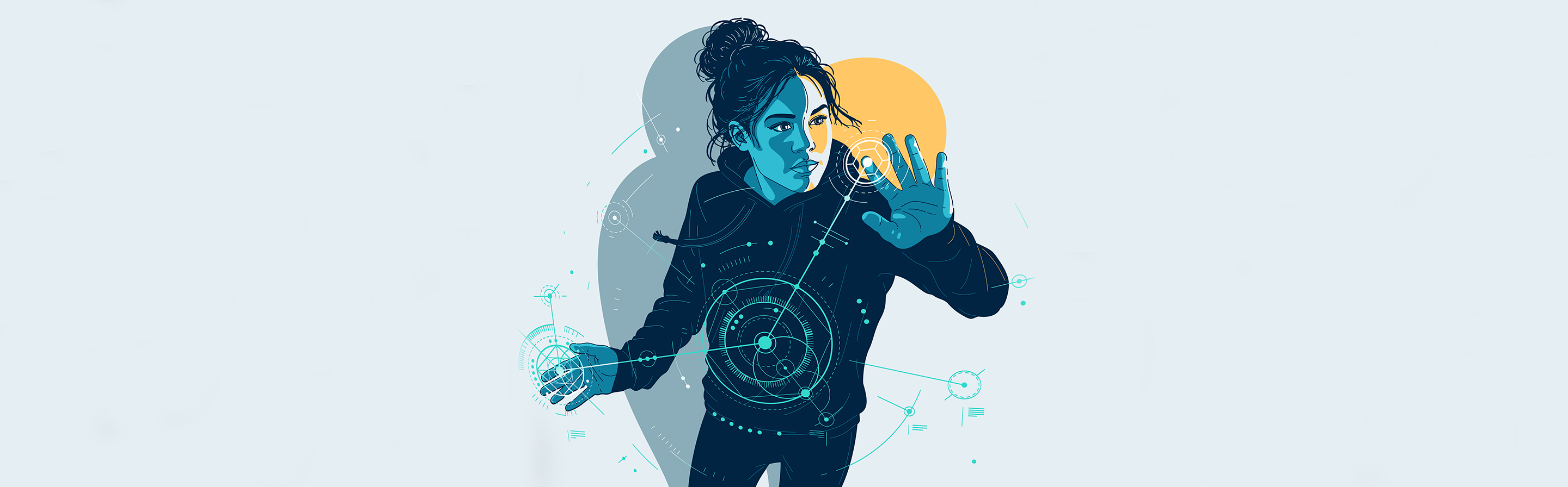 Illustration einer Person vor futuristischen Benutzeroberflächen und vernetzten Grafikelementen; ausgestreckte Hand interagiert mit digitalen Symbolen.