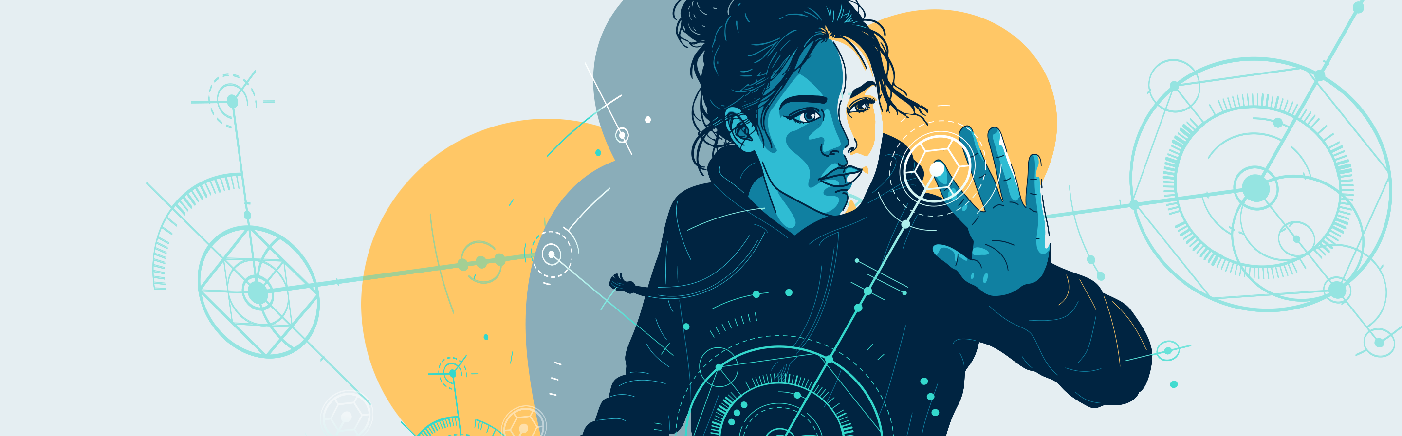Illustration einer Person vor futuristischen Benutzeroberflächen und vernetzten Grafikelementen; ausgestreckte Hand interagiert mit digitalen Symbolen.